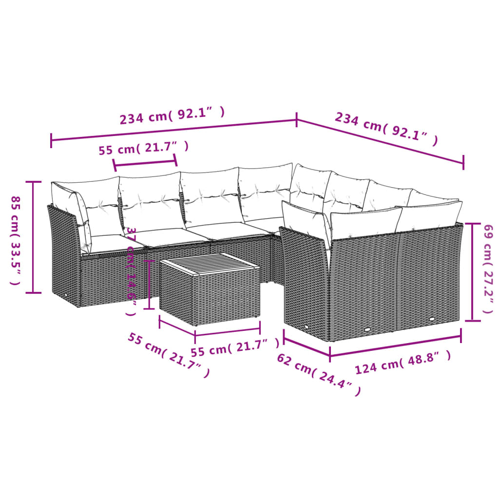 Set Divani da Giardino 9 pz con Cuscini Nero in Polyrattan | homemem39
