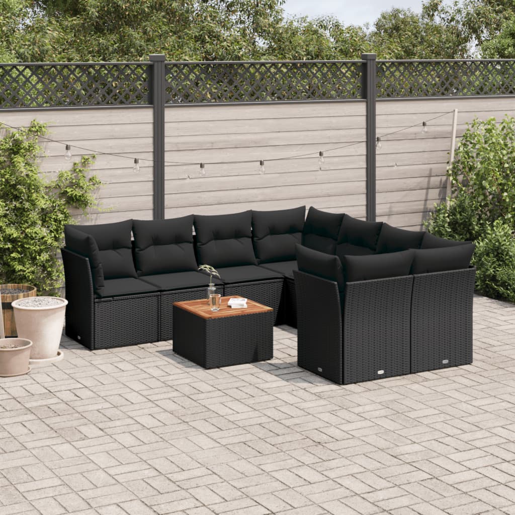 Set Divani da Giardino 9 pz con Cuscini Nero in Polyrattan - homemem39