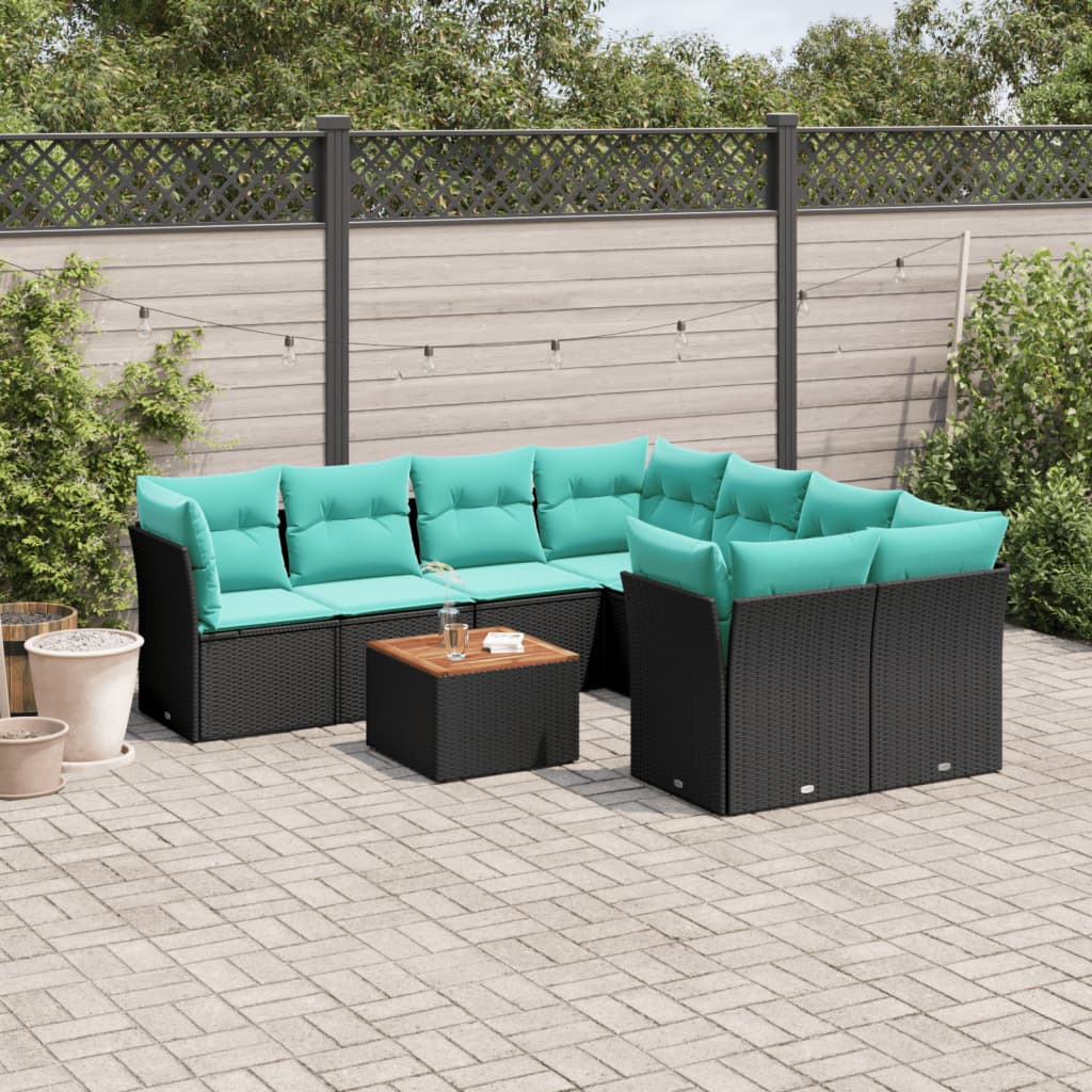 Set Divani da Giardino 9 pz con Cuscini Nero in Polyrattan | homemem39