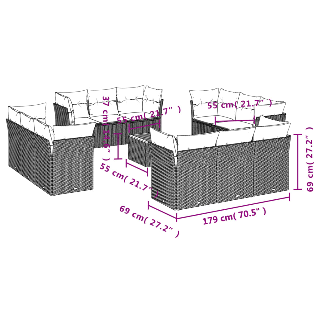Set Divani da Giardino 13pz con Cuscini Nero in Polyrattan | homemem39