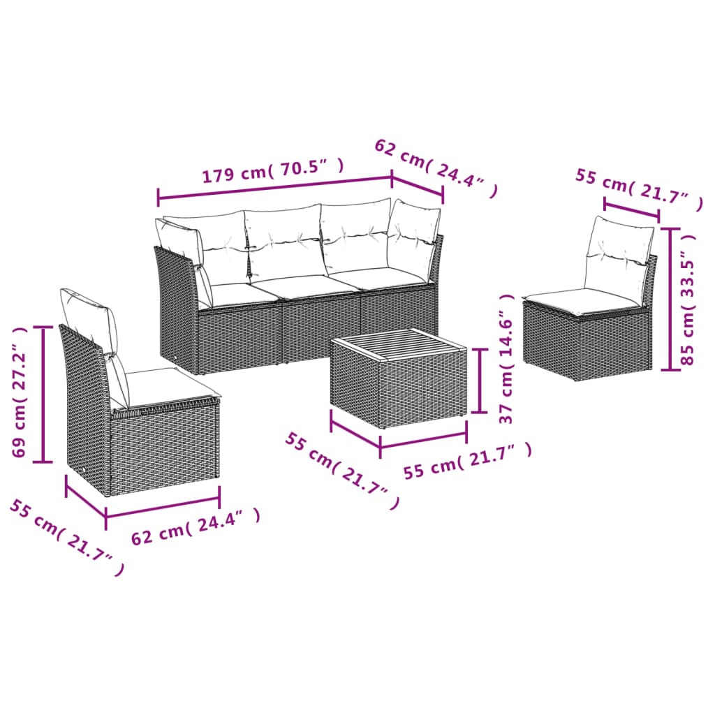 Set Divano da Giardino 6 pz con Cuscini Nero in Polyrattan | homemem39