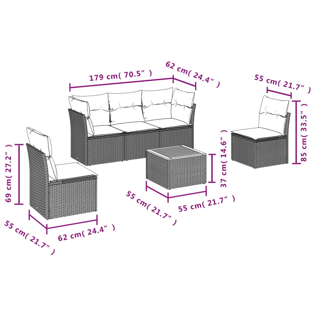 Set Divani da Giardino 6 pz con Cuscini Nero in Polyrattan | homemem39