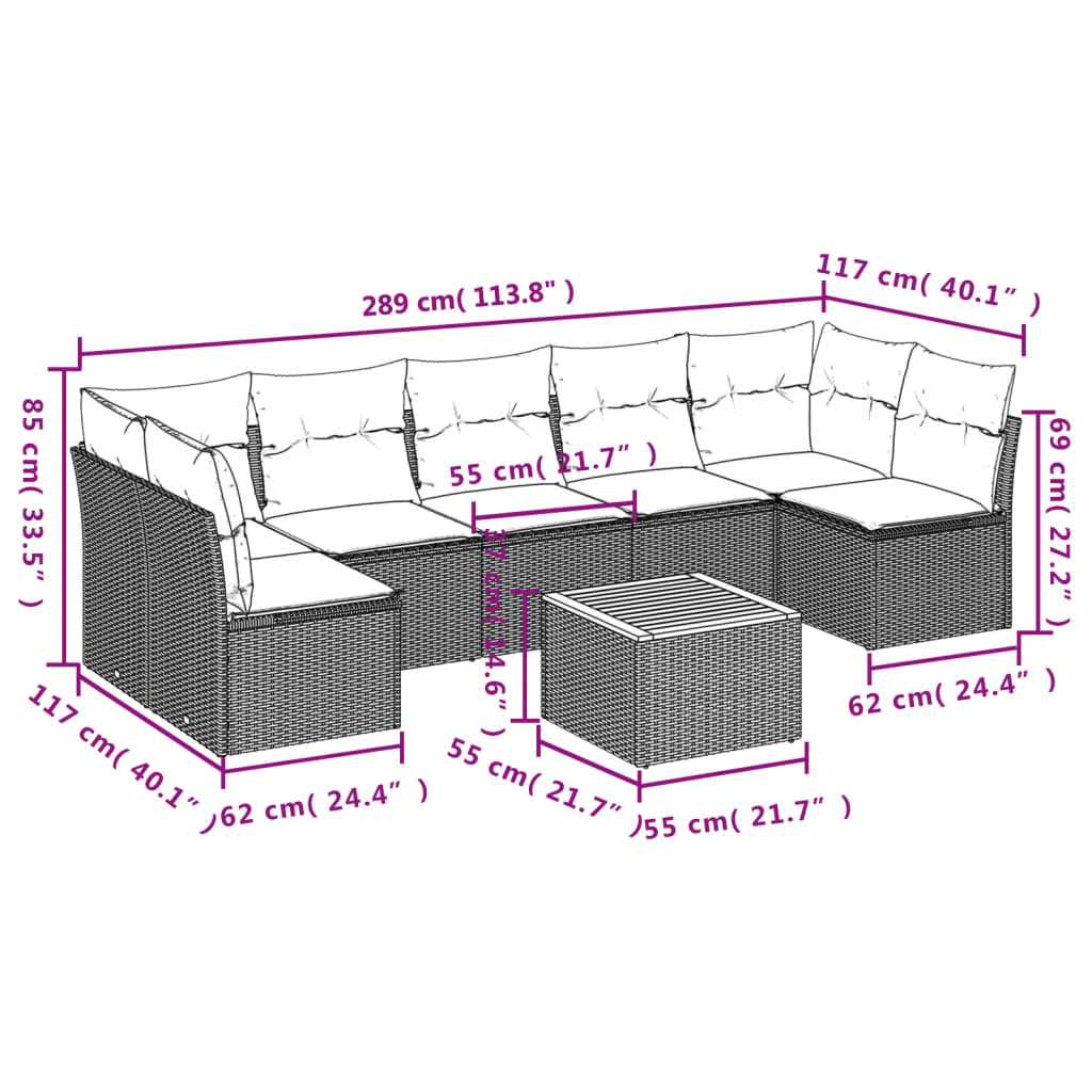 Set Divani da Giardino 8 pz con Cuscini Nero in Polyrattan | homemem39
