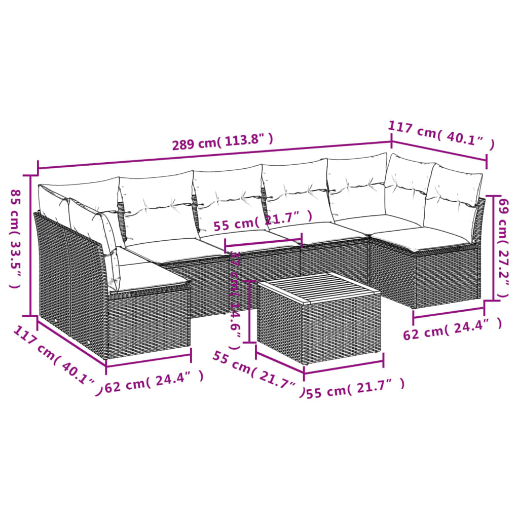 Set Divano da Giardino 8 pz con Cuscini Grigio in Polyrattan - homemem39