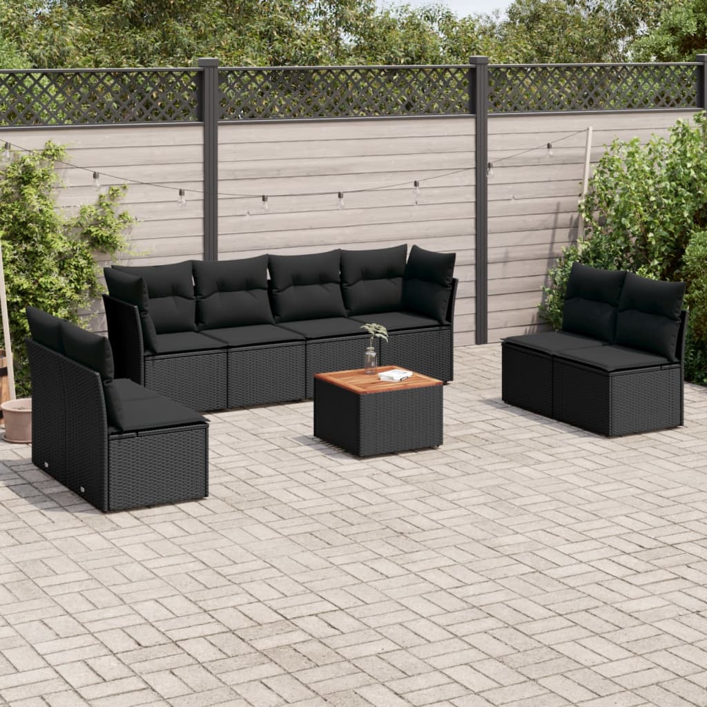 Set Divani da Giardino 9 pz con Cuscini Nero in Polyrattan - homemem39