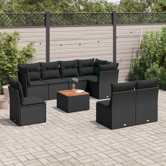 Set Divani da Giardino 9 pz con Cuscini Nero in Polyrattan - homemem39