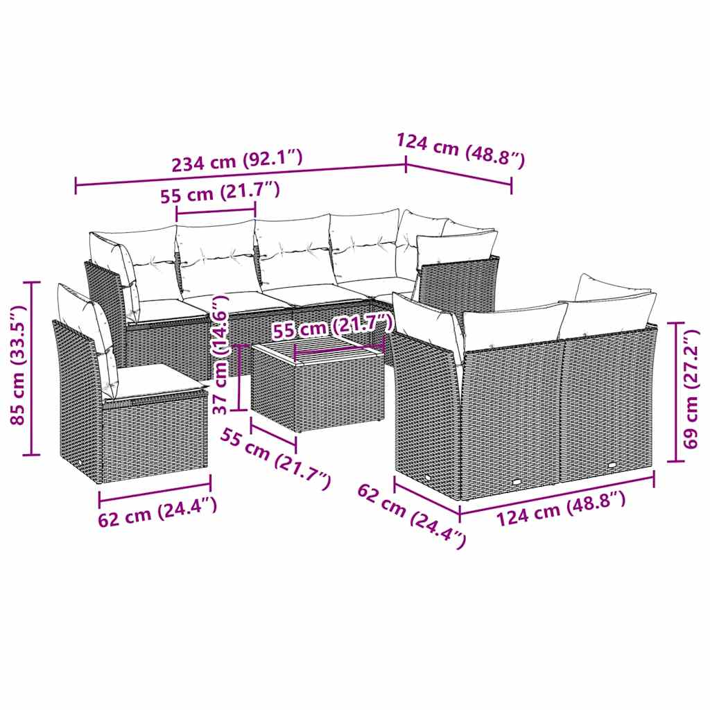 Set Divani da Giardino 9 pz con Cuscini Nero in Polyrattan - homemem39