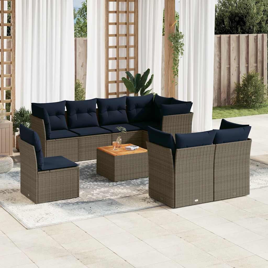 Set Divani da Giardino 9 pz con Cuscini Grigio in Polyrattan - homemem39
