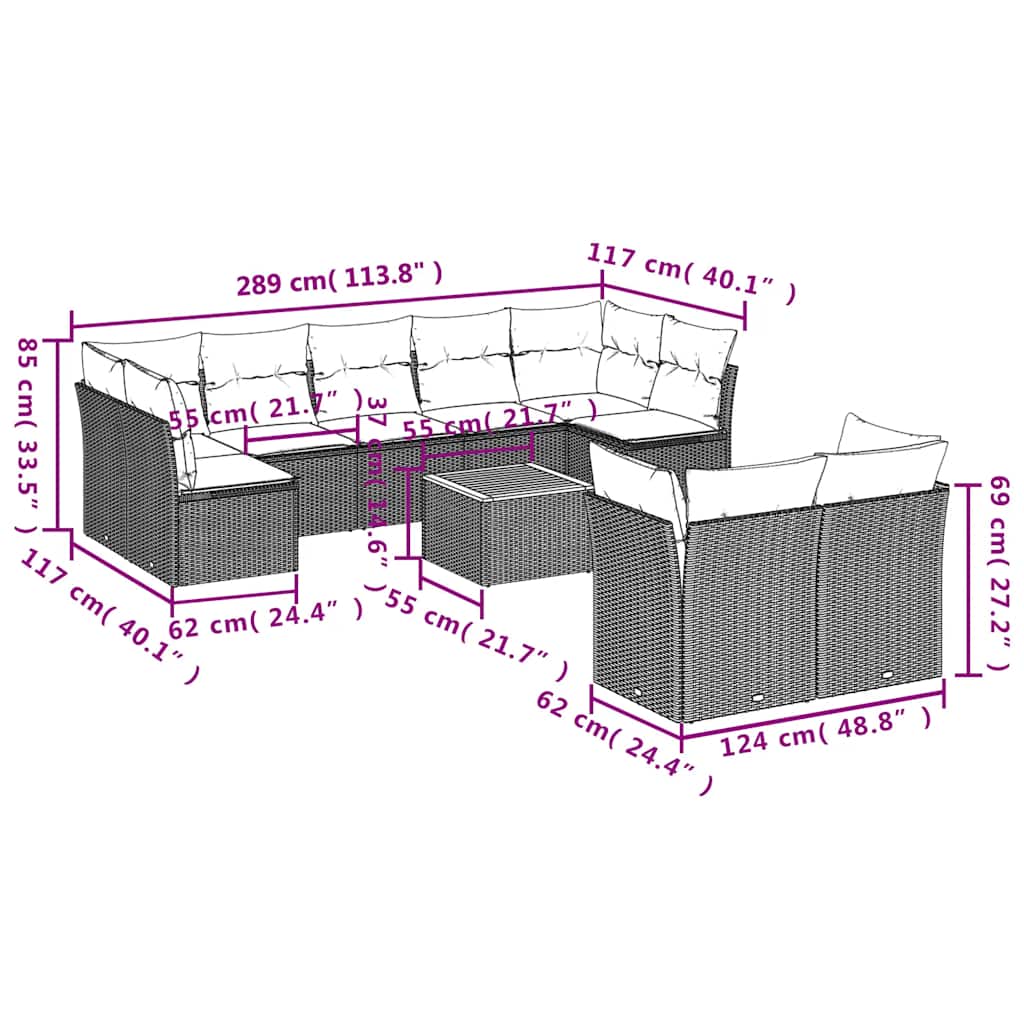 Set Divani da Giardino 10pz con Cuscini in Polyrattan Nero - homemem39