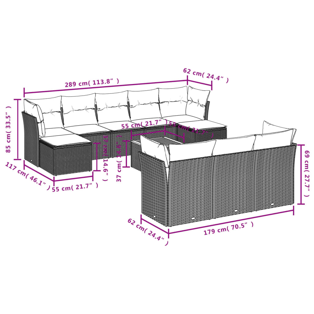 Set Divani da Giardino 11 pz con Cuscini Beige in Polyrattan | homemem39