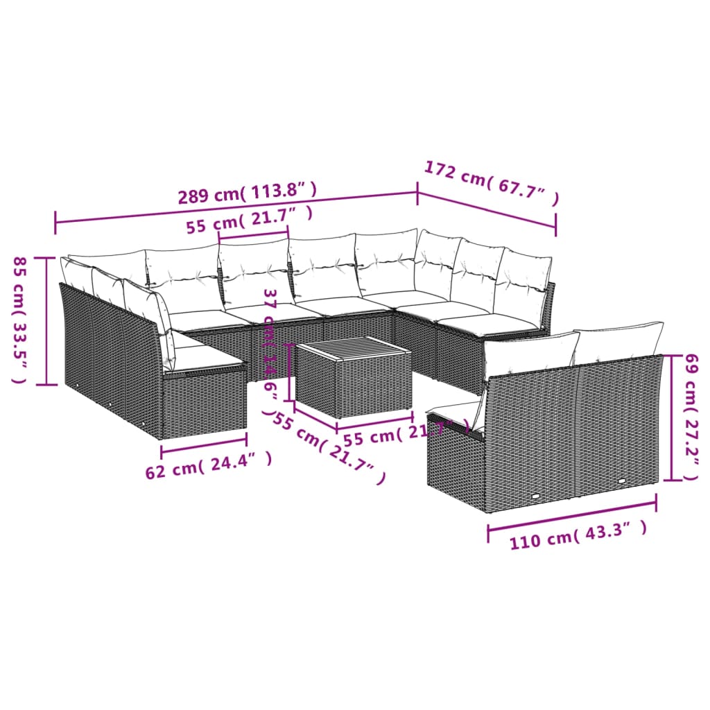 Set Divani da Giardino 12pz con Cuscini Nero in Polyrattan | homemem39