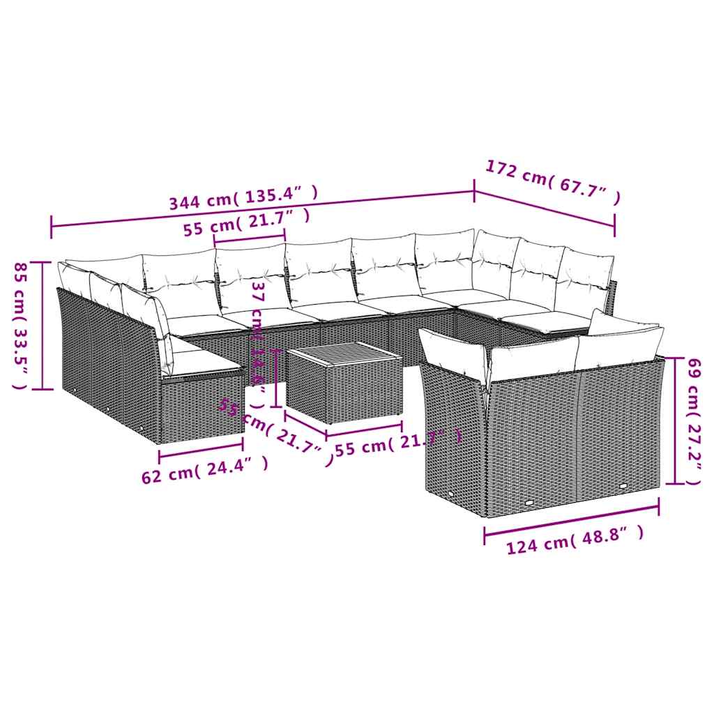 Set Divani da Giardino 13 pz con Cuscini Grigio in Polyrattan - homemem39