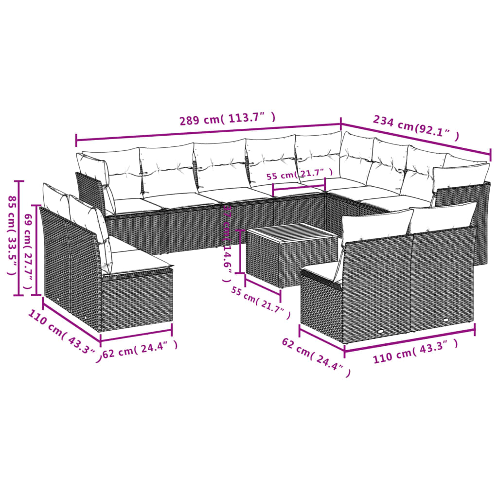 Set Divani da Giardino 13pz con Cuscini Nero in Polyrattan | homemem39