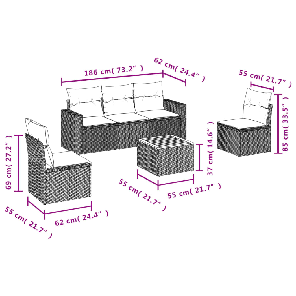 Set Divano da Giardino 6 pz con Cuscini Grigio in Polyrattan - homemem39