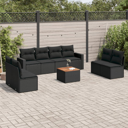 Set Divani da Giardino 9 pz con Cuscini Nero in Polyrattan - homemem39