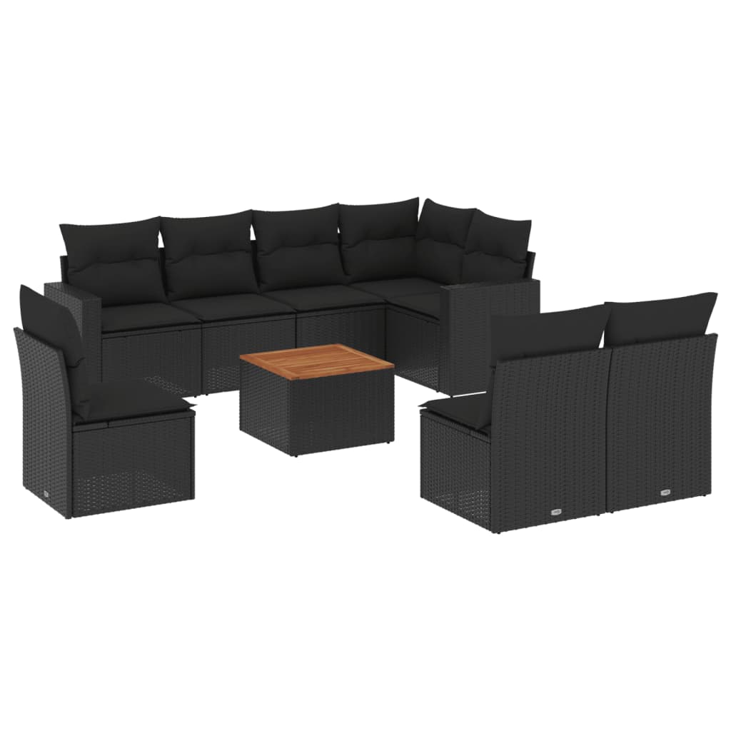Set Divani da Giardino 9 pz con Cuscini Nero in Polyrattan - homemem39