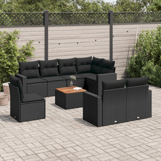 Set Divani da Giardino 9 pz con Cuscini Nero in Polyrattan - homemem39
