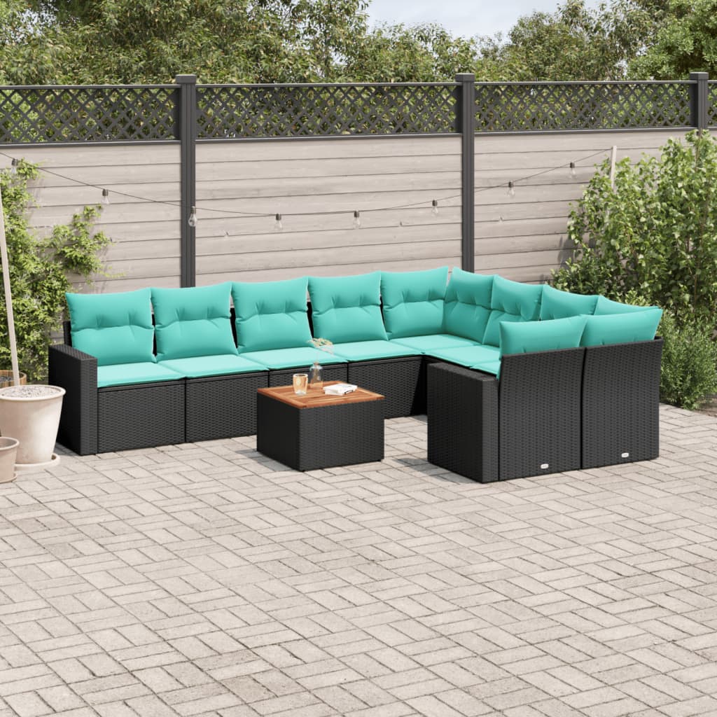 Set Divani da Giardino 10 pz con Cuscini Nero in Polyrattan | homemem39