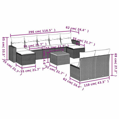 Set Divani da Giardino 10pz con Cuscini in Polyrattan Nero