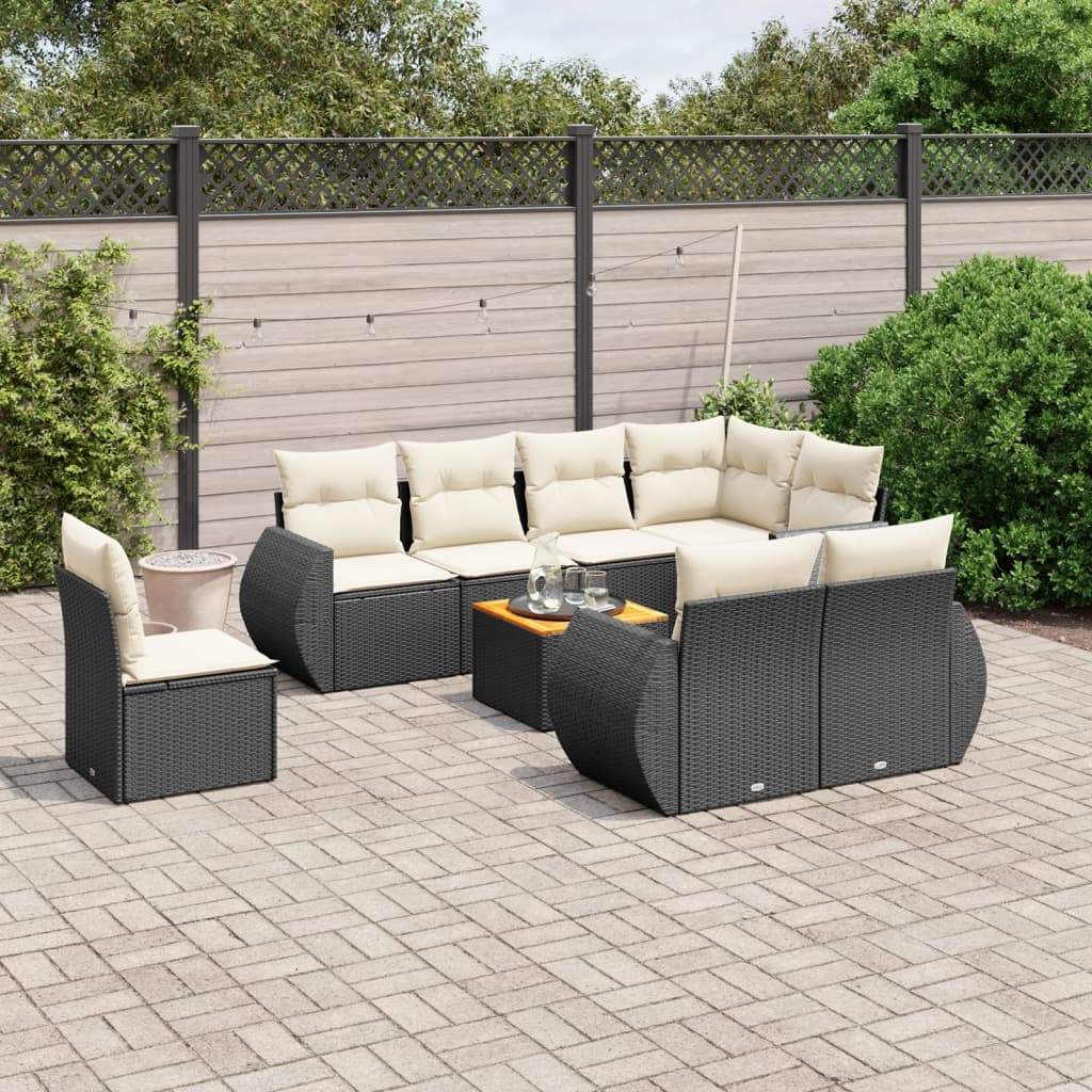 Set Divani da Giardino 9 pz con Cuscini Nero in Polyrattan - homemem39
