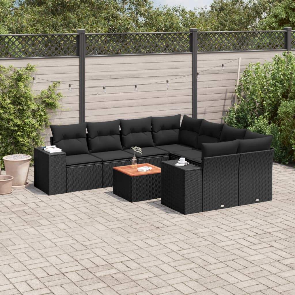 Set Divani da Giardino 9 pz con Cuscini Nero in Polyrattan - homemem39