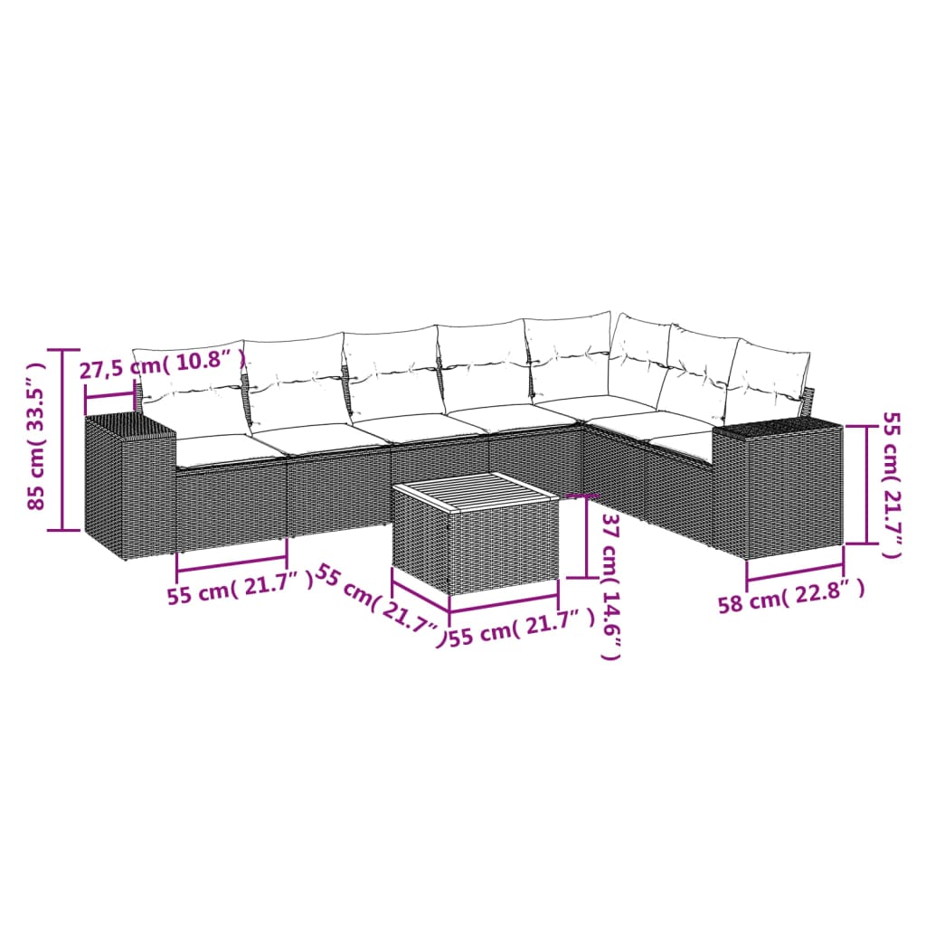 Set Divani da Giardino con Cuscini 8 pz Nero in Polyrattan
