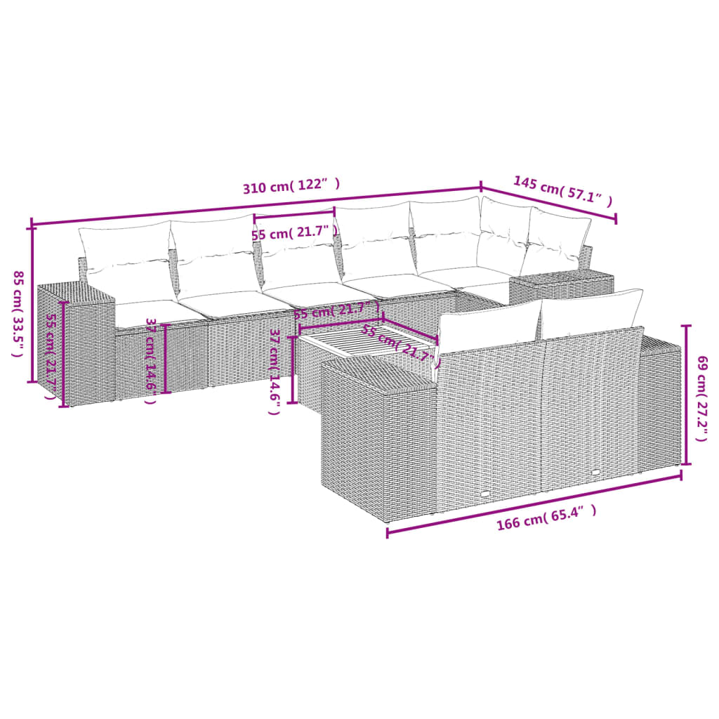 Set Divani da Giardino 9 pz con Cuscini Nero in Polyrattan | homemem39