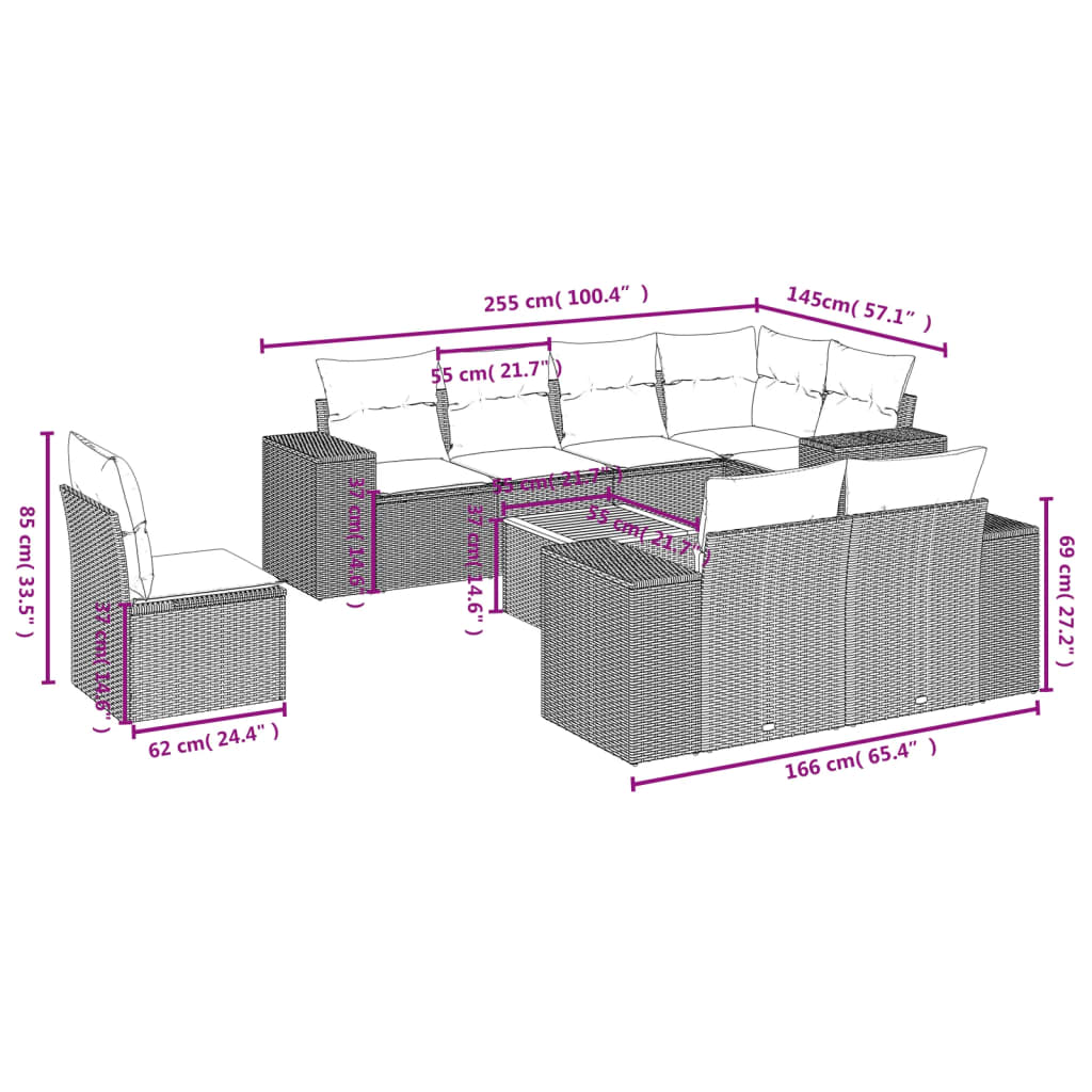 Set Divani da Giardino 9 pz con Cuscini Nero in Polyrattan | homemem39