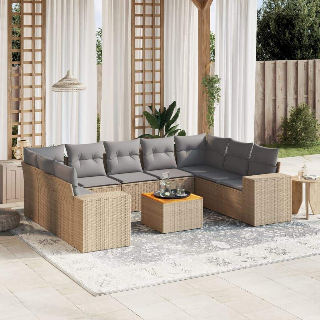 Set Divano da Giardino 10 pz con Cuscini Beige in Polyrattan - homemem39
