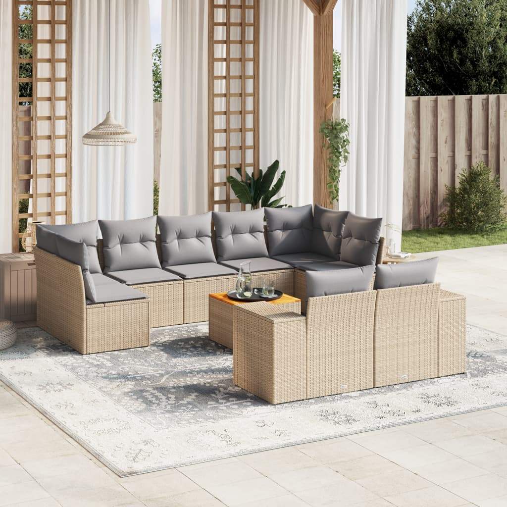 Set Divano da Giardino 10 pz con Cuscini Beige in Polyrattan - homemem39
