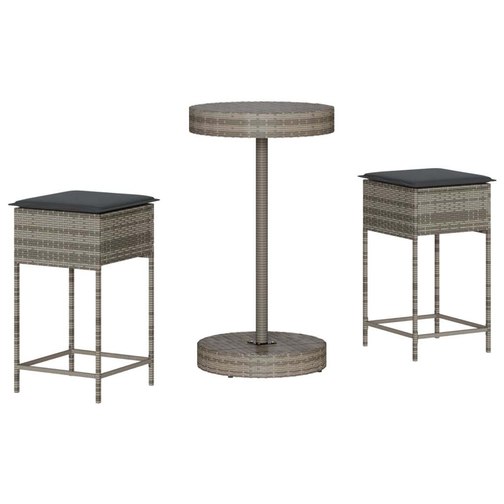 Set Bar da Giardino 3pz con Cuscini Grigio in Polyrattan | homemem39