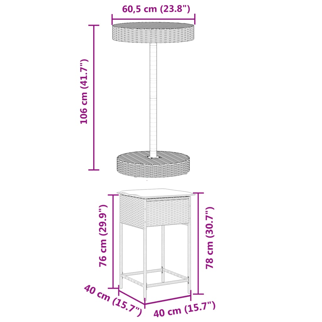 Set Bar da Giardino 3pz con Cuscini Grigio in Polyrattan | homemem39