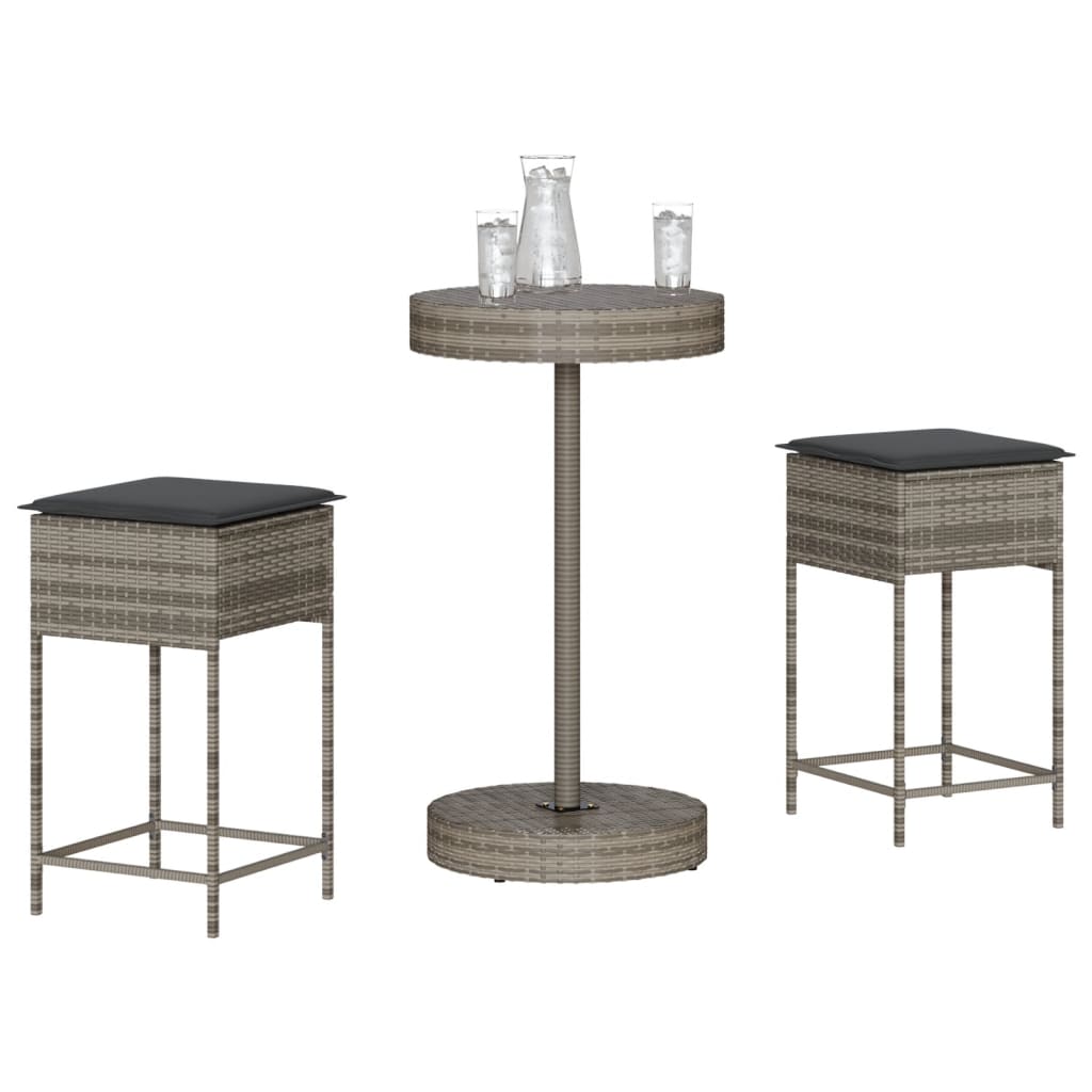 Set Bar da Giardino 3pz con Cuscini Grigio in Polyrattan | homemem39