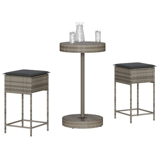Set Bar da Giardino 3pz con Cuscini Grigio in Polyrattan | homemem39