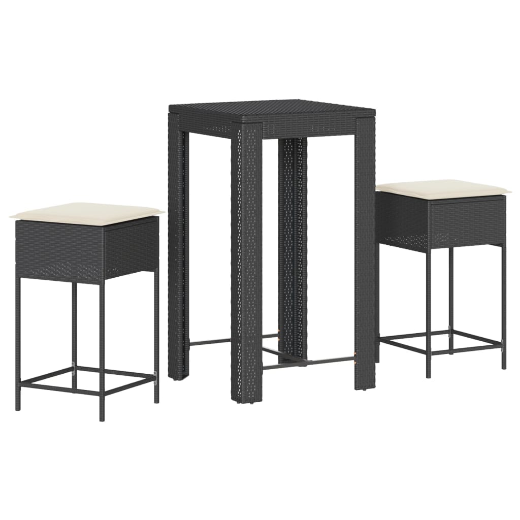 Set Bar da Giardino 3 pz con Cuscini in Polyrattan Nero | homemem39