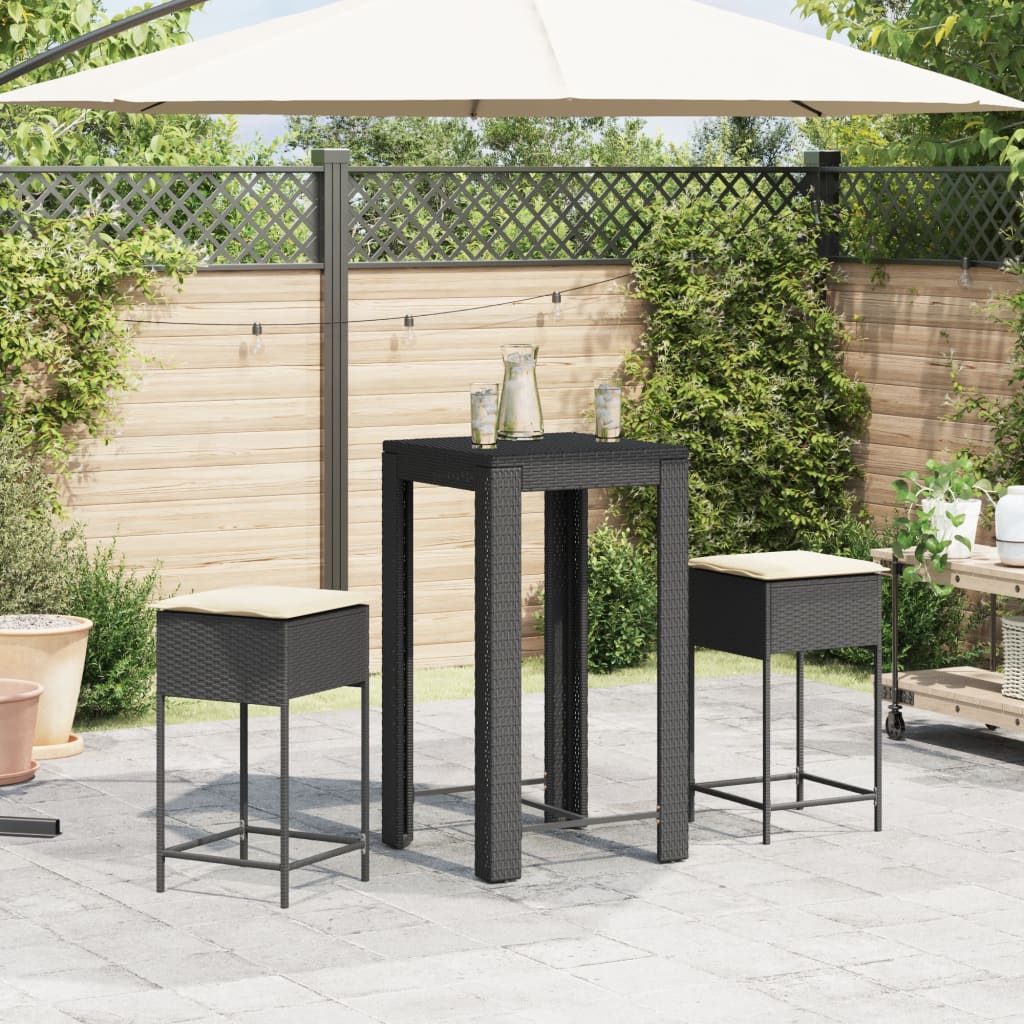 Set Bar da Giardino 3 pz con Cuscini in Polyrattan Nero | homemem39
