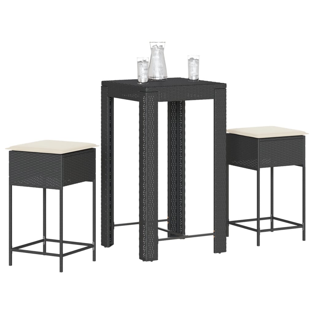 Set Bar da Giardino 3 pz con Cuscini in Polyrattan Nero | homemem39