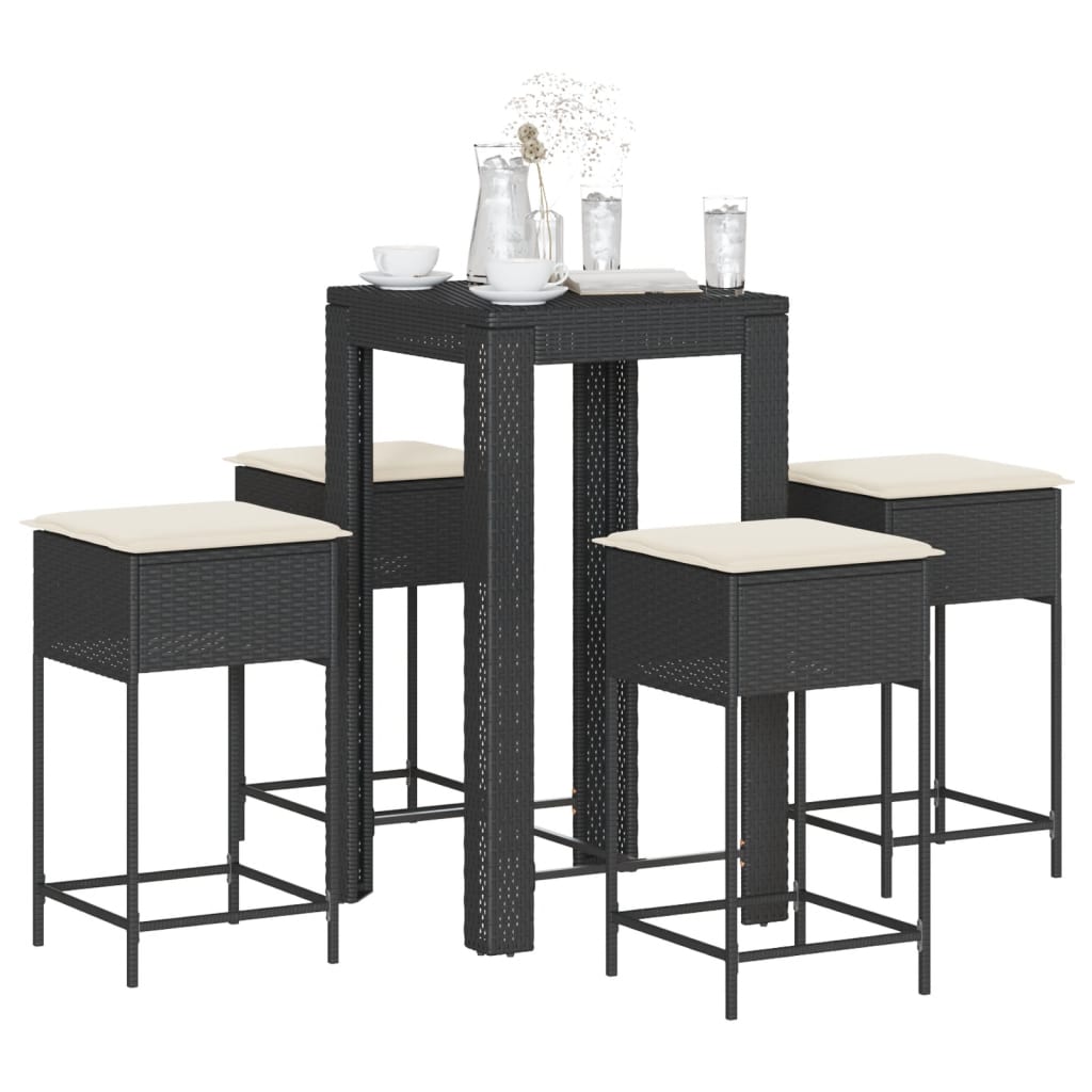 Set Bar da Giardino 5 pz con Cuscini in Polyrattan Nero | homemem39