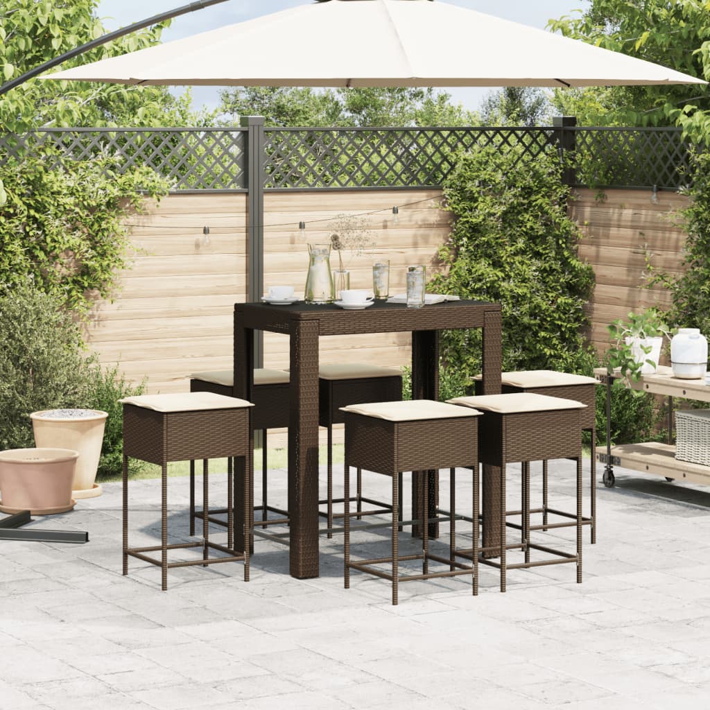 Set Bar da Giardino 7 pz con Cuscini in Polyrattan Marrone