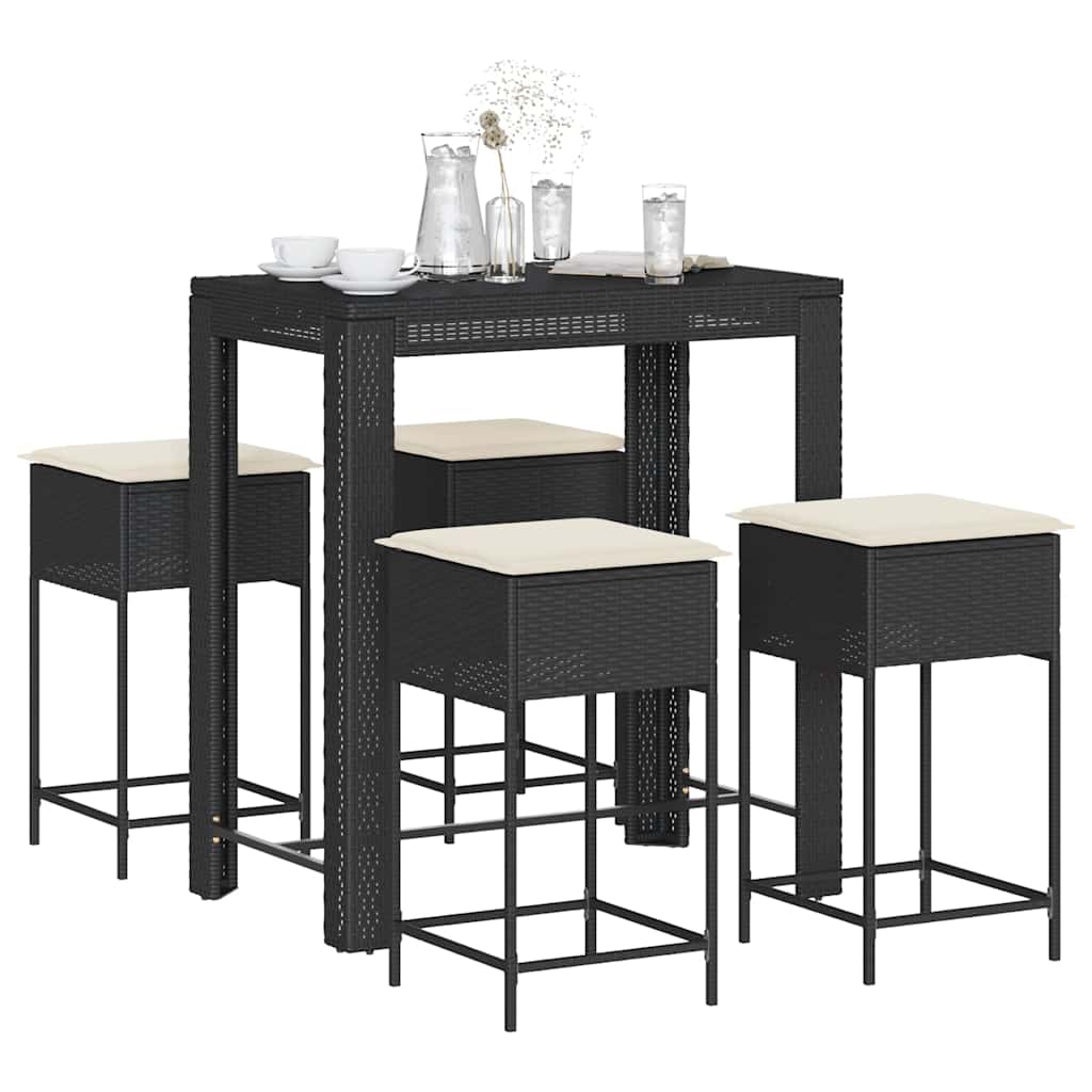 Set Bar da Giardino 5 pz con Cuscini in Polyrattan Nero | homemem39