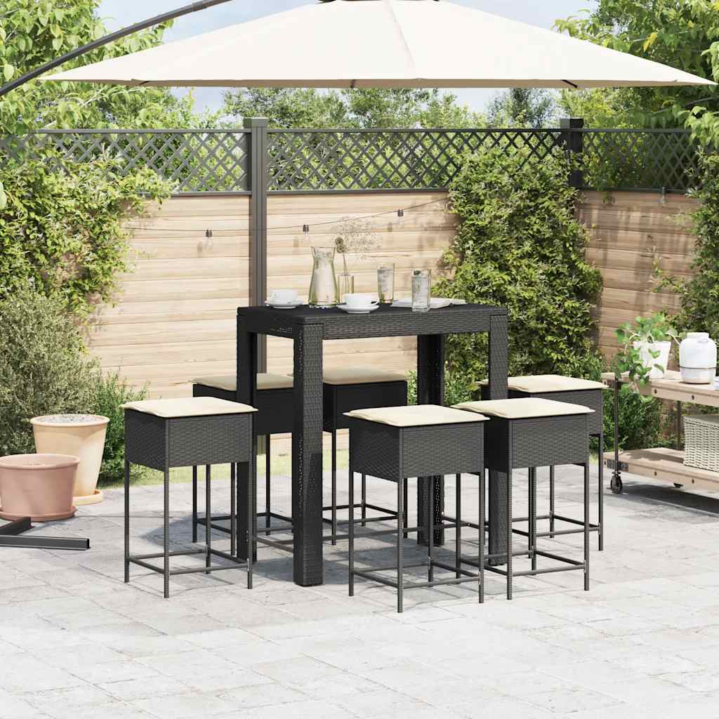 Set Bar da Giardino 7 pz con Cuscini in Polyrattan Nero | homemem39