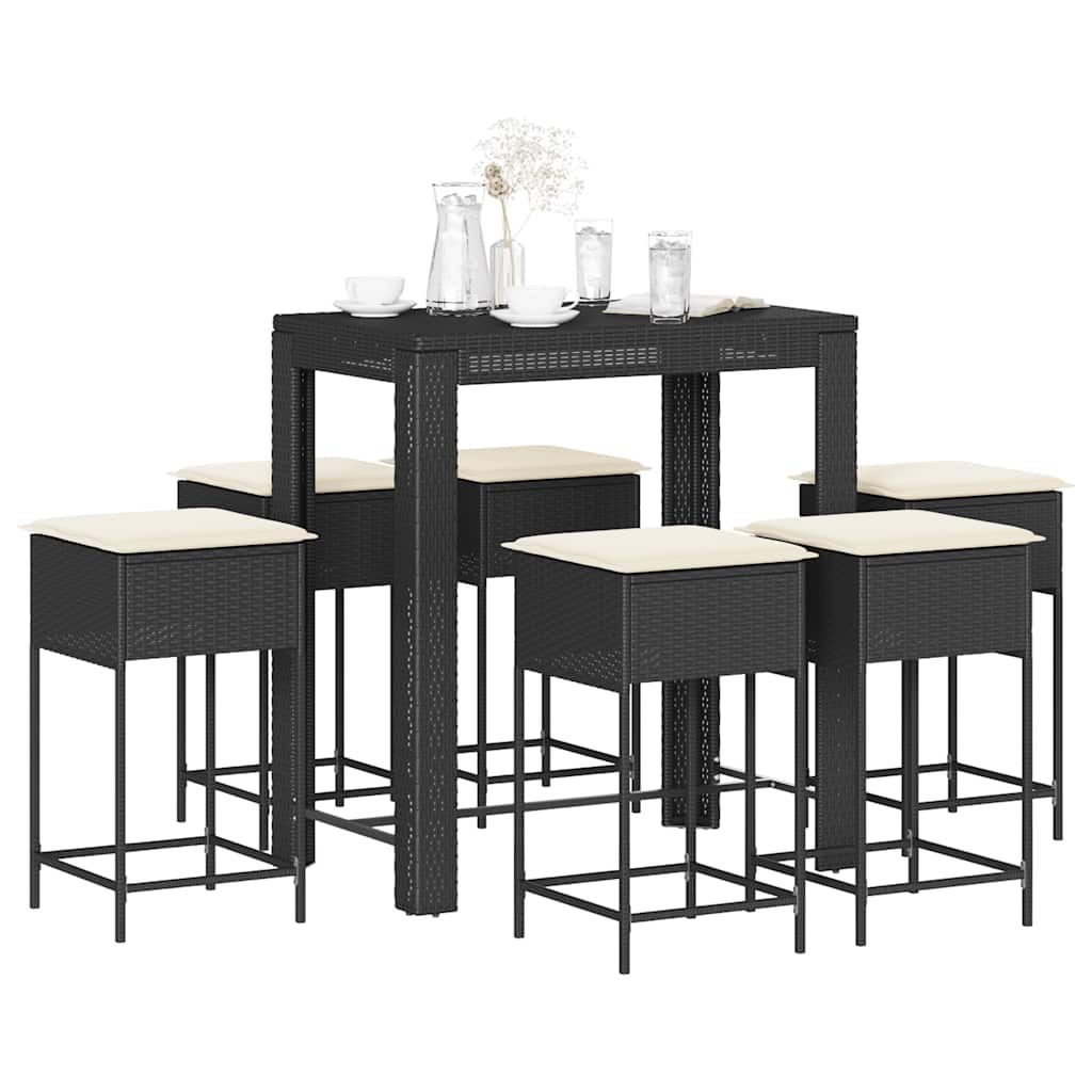 Set Bar da Giardino 7 pz con Cuscini in Polyrattan Nero | homemem39