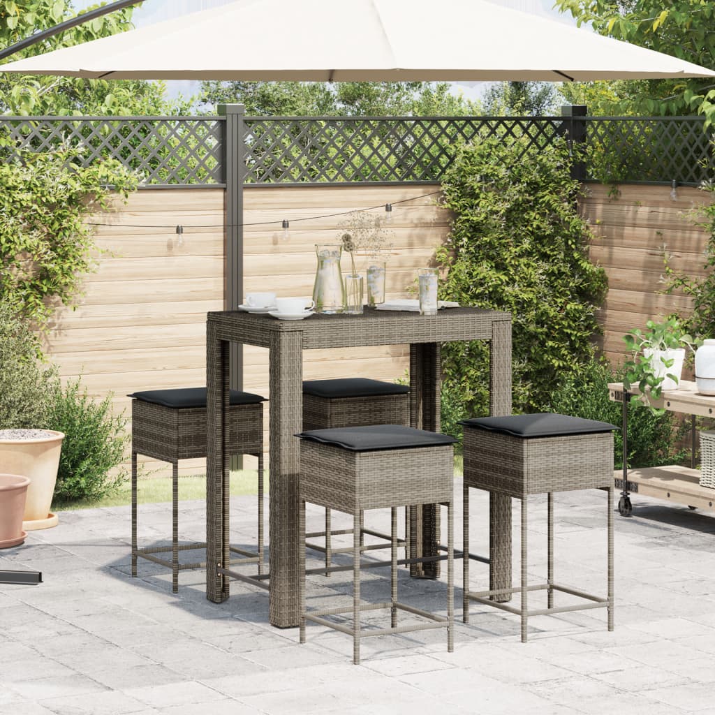 Set Bar da Giardino 5 pz con Cuscini in Polyrattan Grigio | homemem39