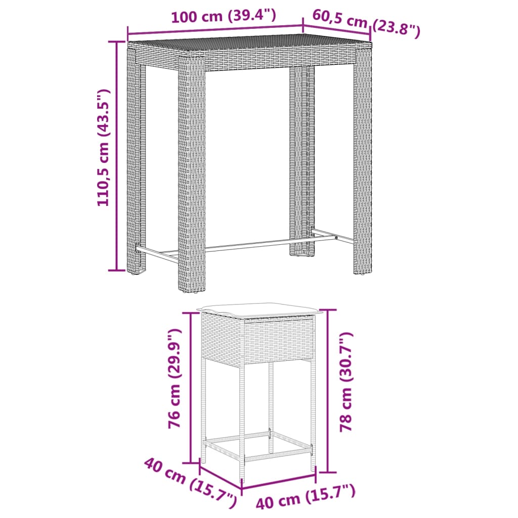 Set Bar da Giardino 7 pz con Cuscini in Polyrattan Grigio | homemem39