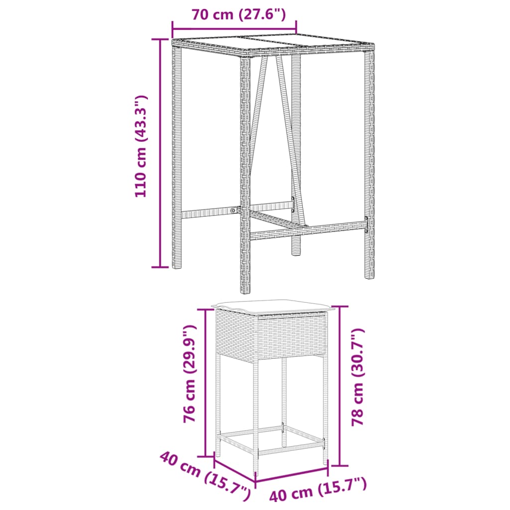 Set Bar da Giardino 3 pz con Cuscini in Polyrattan Marrone | homemem39