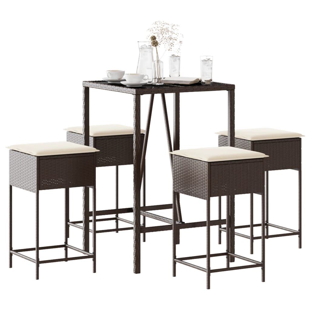 Set Bar da Giardino 5 pz con Cuscini in Polyrattan Marrone | homemem39