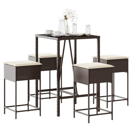 Set Bar da Giardino 5 pz con Cuscini in Polyrattan Marrone | homemem39