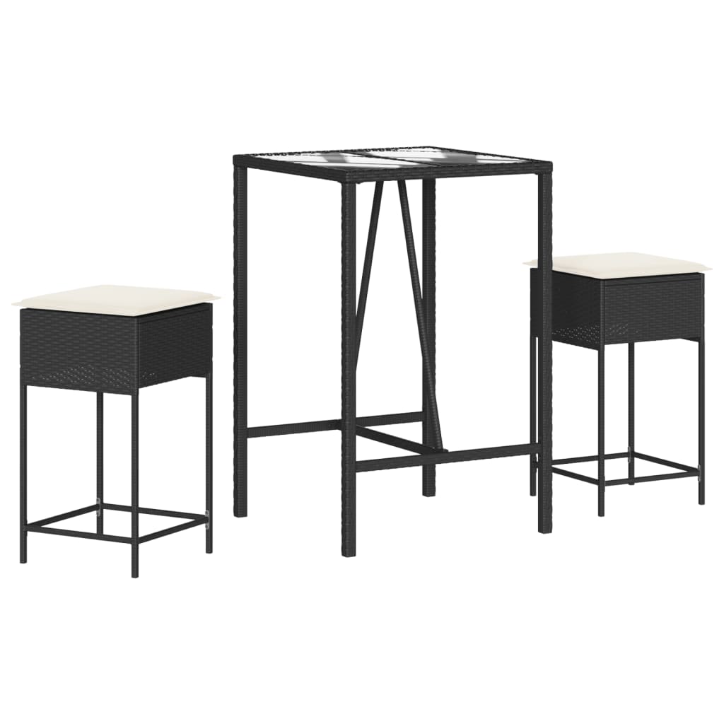 Set Bar da Giardino 3 pz con Cuscini in Polyrattan Nero | homemem39