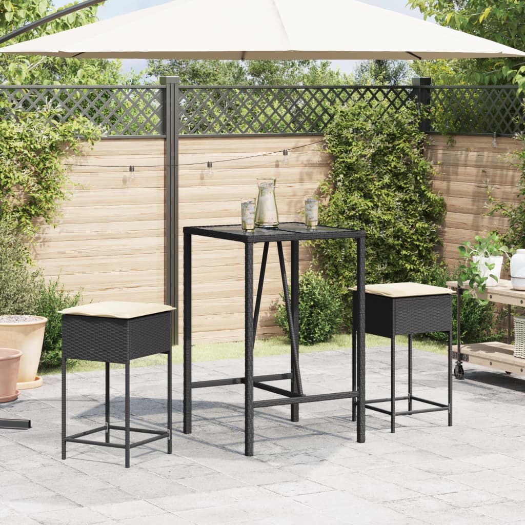 Set Bar da Giardino 3 pz con Cuscini in Polyrattan Nero | homemem39