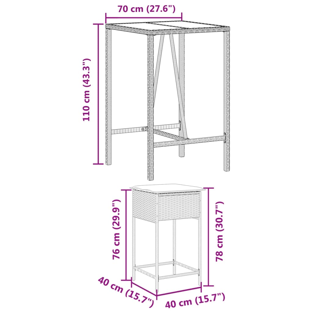 Set Bar da Giardino 3 pz con Cuscini in Polyrattan Nero | homemem39